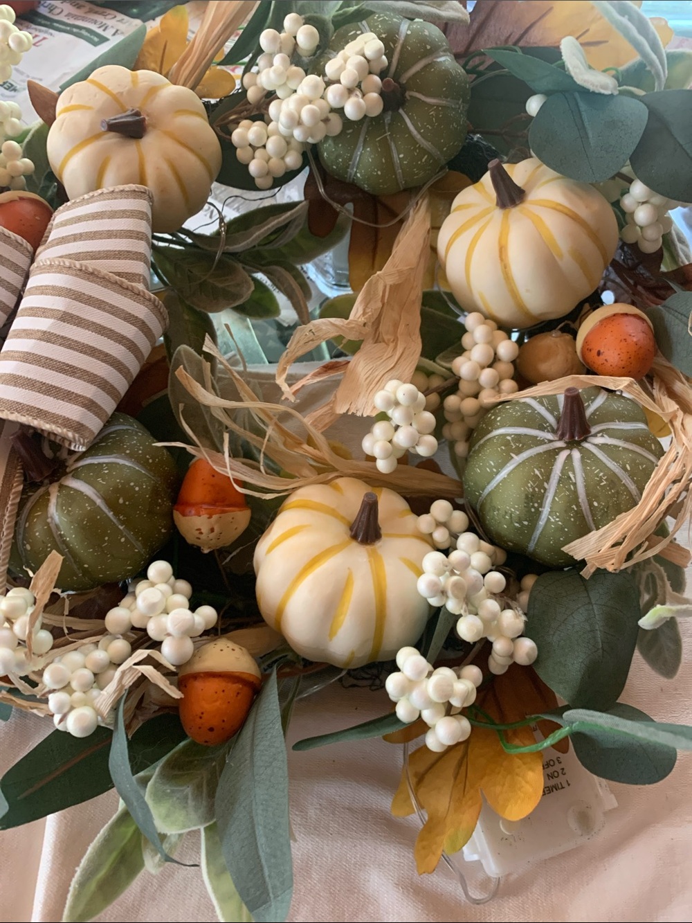 New Home Holiday Decorative Fall Pumpkin Wreath - White & Green with lights